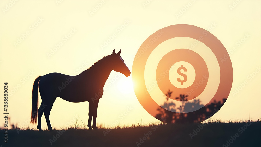 Aufkleber double exposure: silhouette of a horse with savings target - symbolizing goal-oriented savings and f