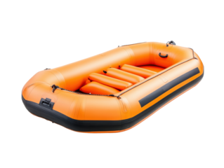 Bright orange inflatable boat for summer fun on water on a transparent background, cut out