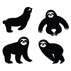 Cute Minimalist Sloth Silhouette Black Vector Collection Set