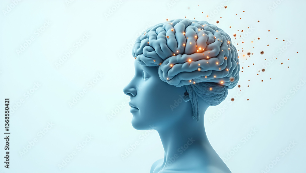 Poster 3d flat icon of a person and brain: symbolizing innovation and creativity in double exposure with co