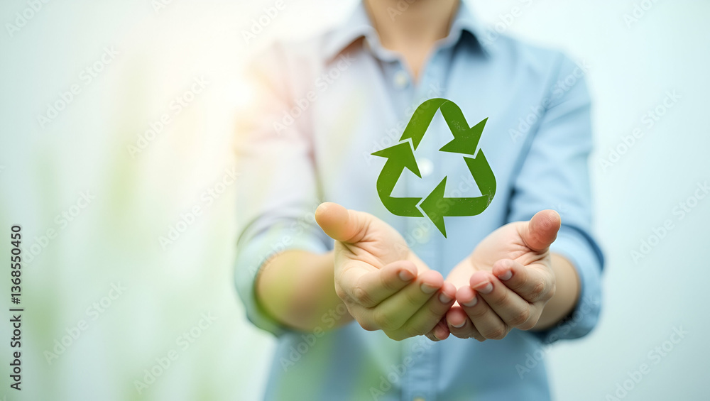 Poster person and a recycling symbol symbolizing environmental responsibility in double exposure with copy 
