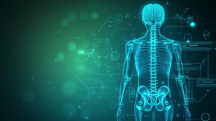 Futuristic digital human skeleton with glowing bones and medical hologram interface