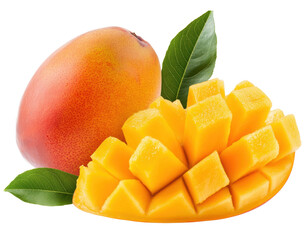 Fresh mango fruit with leaves and diced pieces for dessert preparation on a transparent background, cut out
