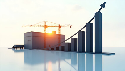 3D Flat Icon: Warehouse Silhouette with Profit Margin Chart for Optimization