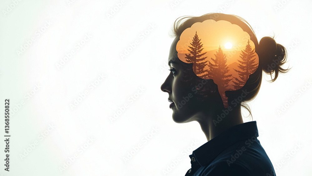 Aufkleber silhouette of a person and a brain symbolizing creative thinking in double exposure with copy space.