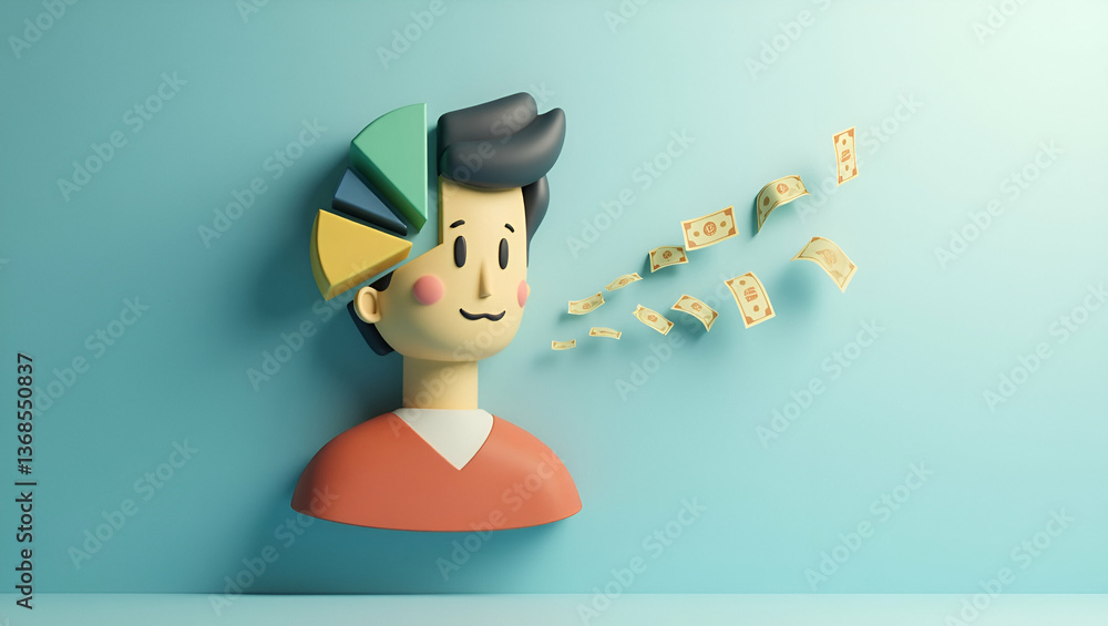 Poster 3d flat icon of a persona with pie chart and banknote: visualizing financial distribution and budget