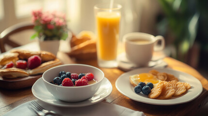 A breakfast table with berries, pancakes, orange juice, coffee, and an egg sunny side up