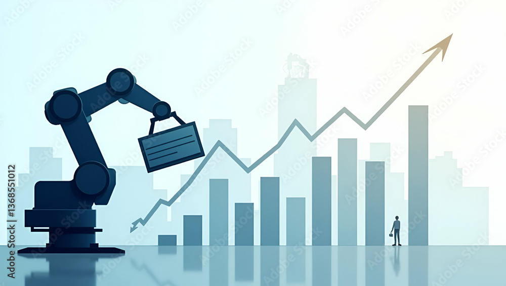 Poster 3d flat icon: silhouette of a robotic arm & logistics dashboard for warehouse automation optimizatio