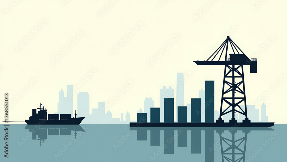 Poster 3d flat icon: silhouette of port crane intertwined with budget chart - symbolizing capital investmen