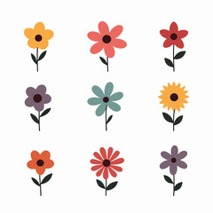 Flowers flat icons. Color vector illustration. Different flowers with green leaves vector illustration. Logo symbols for ui design and business promotion	