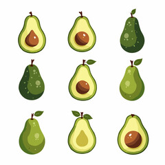 Set avocado vector, Set of fresh whole and half avocado isolated on white background. Organic food. Cartoon style. Vector illustration for design.