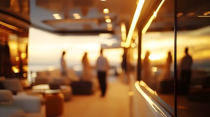 Blurred luxury yacht interior with guests in the background