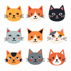 Set Cute cat face illustration vector white background