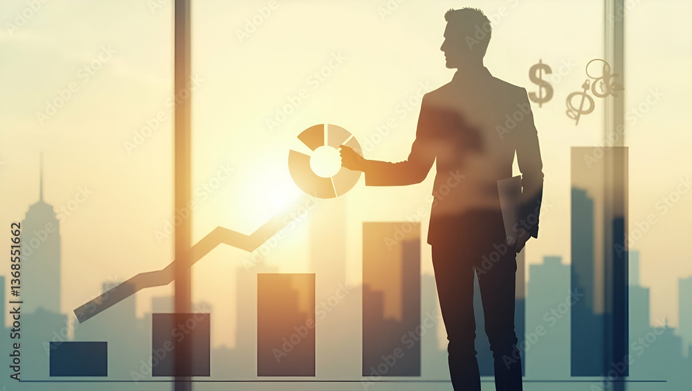 Poster double exposure: silhouette of a person with financial pie chart symbolizing wealth distribution and