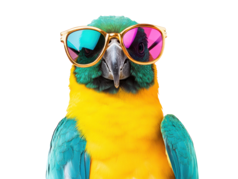Colorful parrot wearing sunglasses for summer fun on a transparent background, cut out