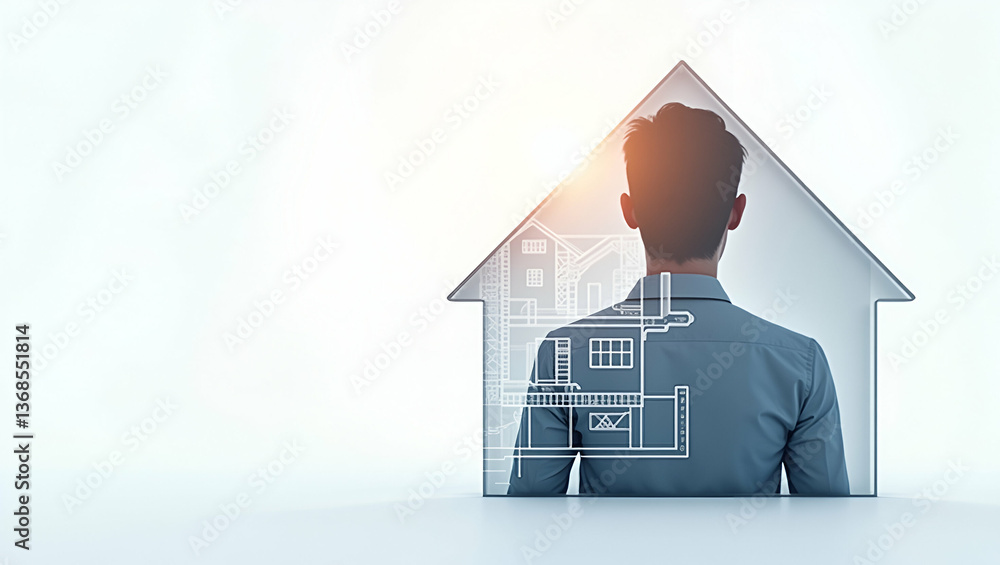 Poster 3d flat icon as person and a house blueprint symbolizing home design in double exposure with copy sp