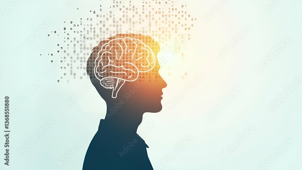 Poster 3d flat icon: silhouette of a person with brain symbolizing creative thinking - double exposure desi