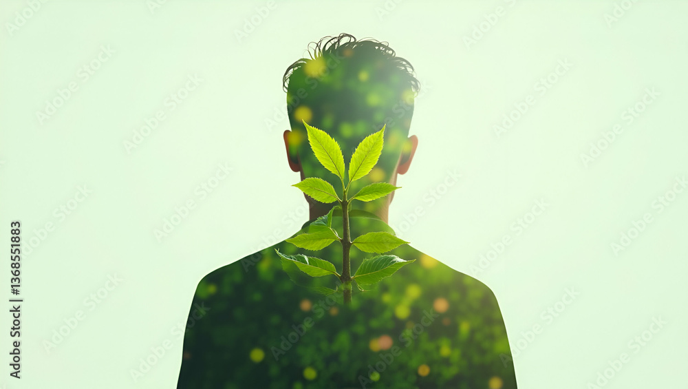 Poster person and green leaves symbolizing connection with nature and growth in double exposure with copy s
