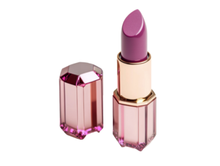 Elegant purple lipstick in stylish pink packaging for beauty lovers on a transparent background, cut out