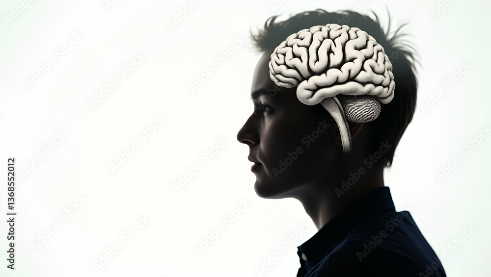 Poster double exposure: silhouette of a person with brain symbolizing creative thinking - ample copy space 