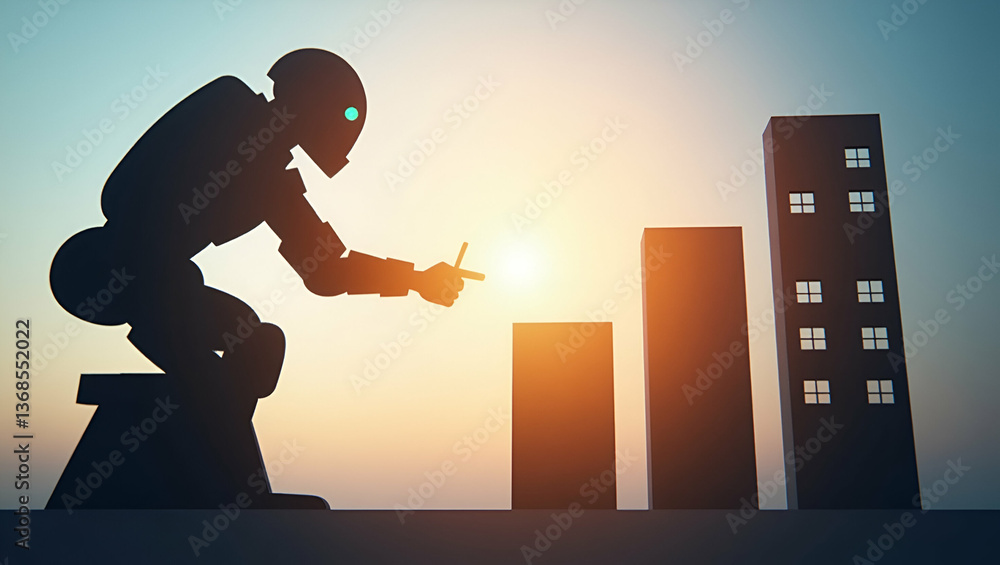 Poster 3d flat icon: silhouette of a warehouse robot with cost benefit chart - visualizing automation benef