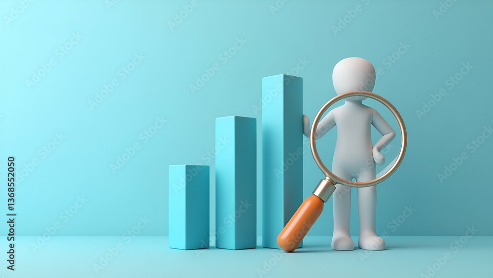 Poster 3d flat icon of a persona merged with bar graph and magnifying glass for financial scrutiny - double