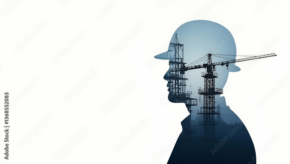 Poster 3d flat icon: silhouette of a person with structural engineering diagram in double exposure - ideal 