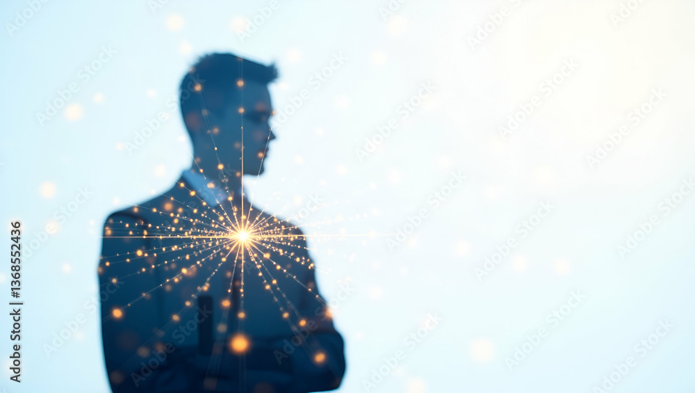 Poster 3d flat icon: silhouette of a person with network diagram for system design on white background