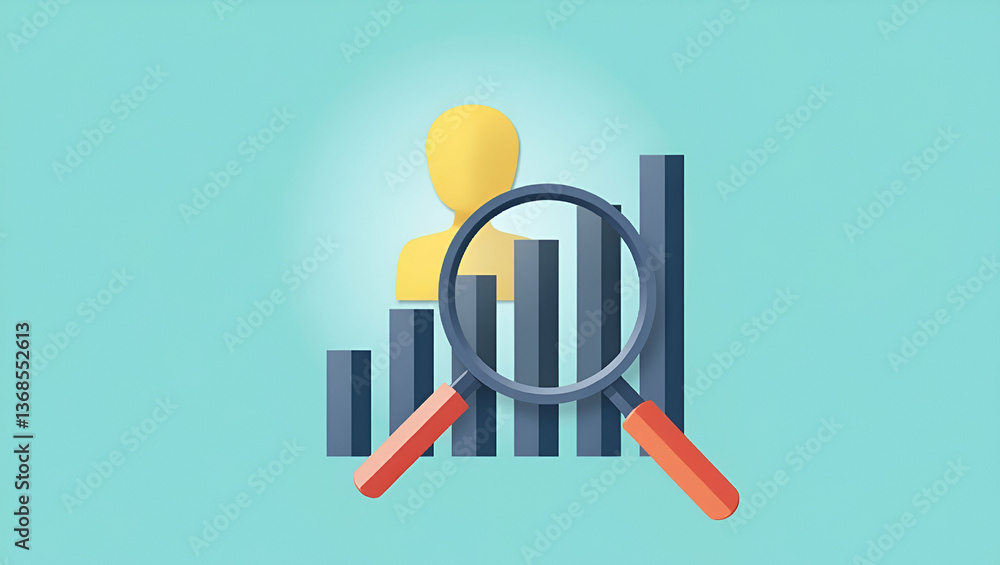Fototapete 3d flat icon as persona with a bar graph and a magnifying glass symbolizing financial scrutiny in do