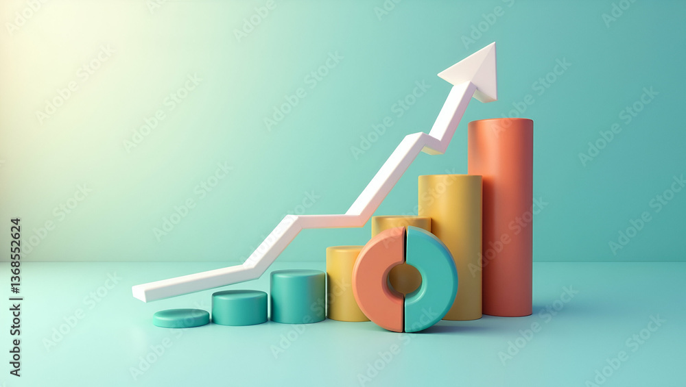 Poster 3d flat icon of a persona with growth arrow and pie chart: symbolizing financial performance and ana