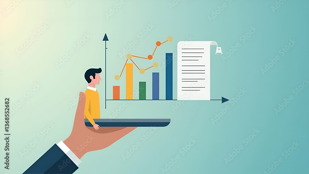 Poster 3d flat icon of a persona merged with line graph and financial statement for budget analysis - doubl