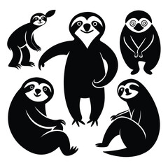 Cute Minimalist Sloth Silhouette Black Vector Collection Set