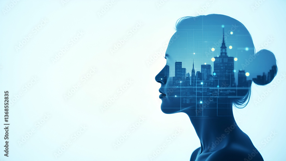Poster 3d flat icon as silhouette of a person and a digital blueprint symbolizing modern design in double e