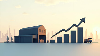 3d Flat icon as Silhouette of a warehouse and a line chart symbolizing inventory forecasting in double exposure with copy space. concept as A silhouette of a warehouse intertwined with a line chart re