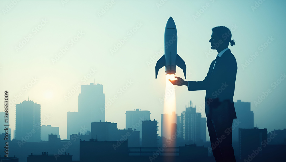 Aufkleber futuristic innovation: silhouette of a person merging with a rocket in double exposure - space explo