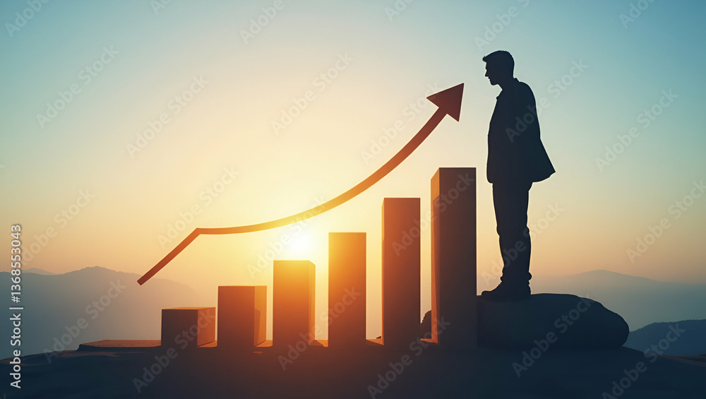 Poster 3d flat icon: silhouette of a person with profit graph - symbolizing financial success and growth wi