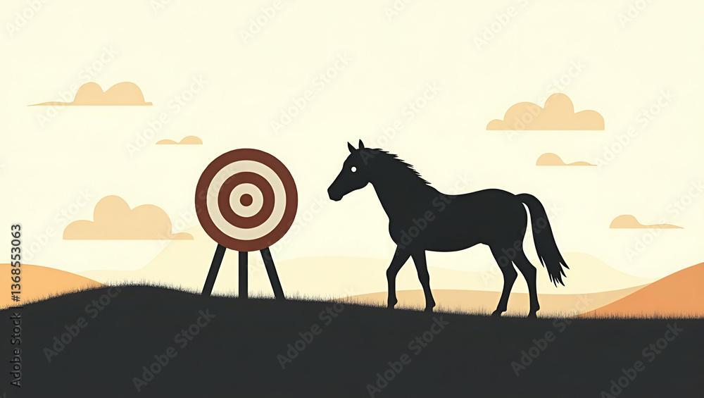 Poster 3d flat icon: silhouette of a horse intertwined with a savings target - symbolizing goal-oriented sa