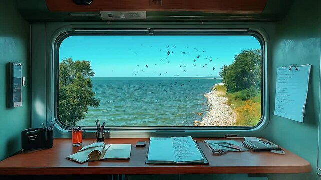Coastal view from train window with birds and blue sea. Seamless looping 4K video background
