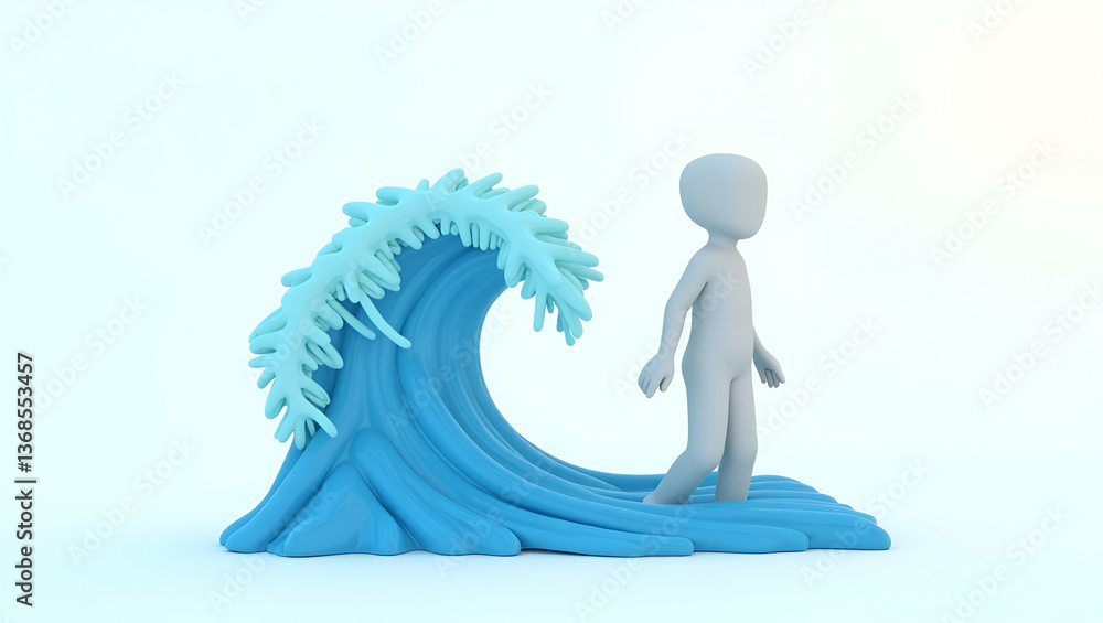 Poster 3d flat icon as person and a wave symbolizing ocean conservation and energy in double exposure with 