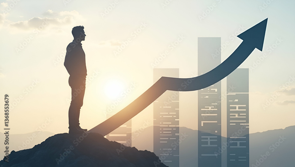 Poster 3d flat icon: silhouette of a person merged with graph arrow symbolizing financial growth - double e