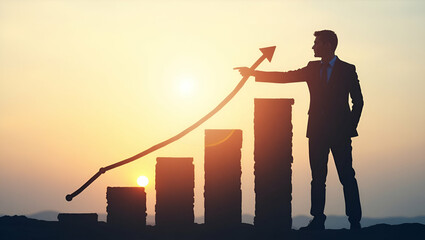 3D Flat Icon: Silhouette of Person with Profit Graph for Financial Success