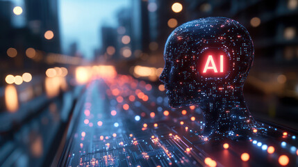 futuristic representation of artificial intelligence with glowing head and digital circuitry, set against cityscape backdrop. scene evokes sense of innovation and technology