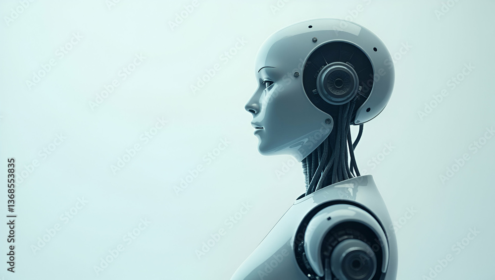 Poster 3d flat icon: human-robot collaboration in double exposure with copy space on white background