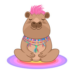 Pastel Pink Mohawk Capybara in Yoga Pose on Rainbow Gradient Mat for Printable Art, Vector Design