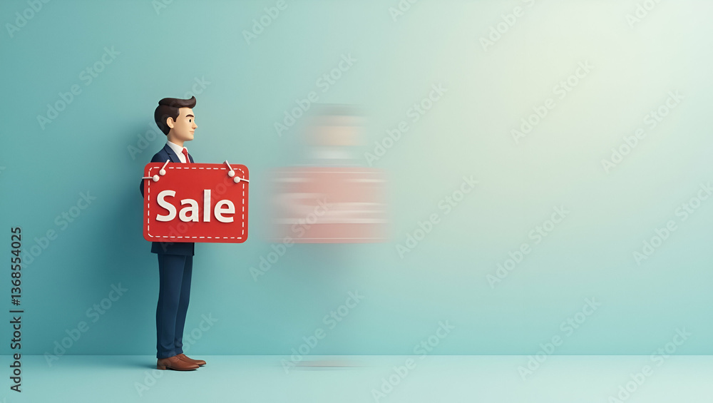 Poster 3d flat icon of a person merging with a sale sign: a visual representation of marketing promotion an