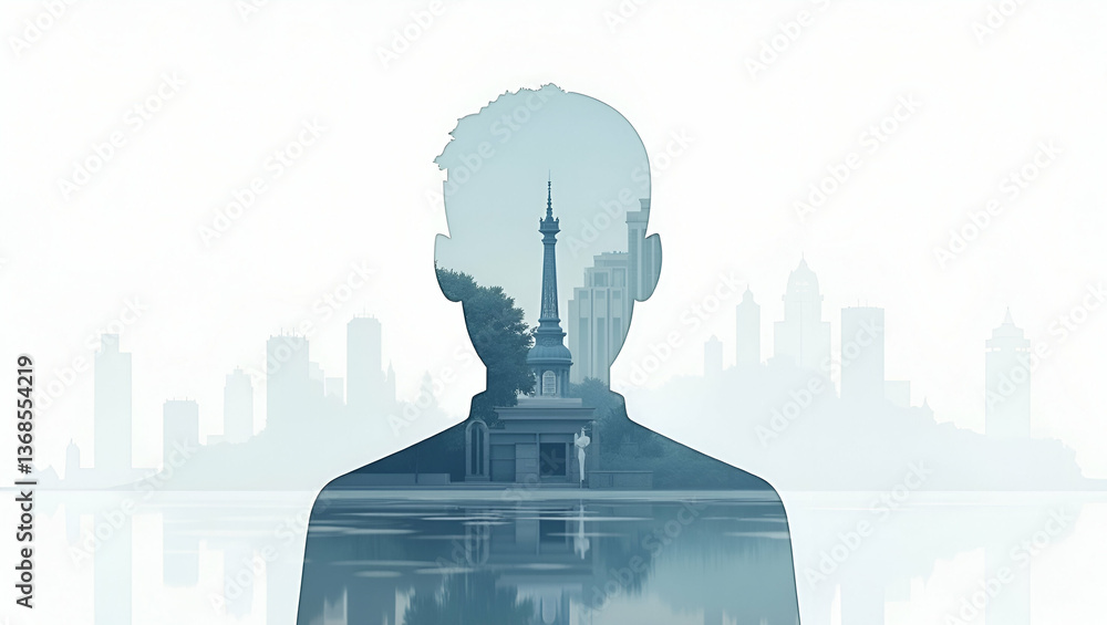 Poster 3d flat icon of a person intertwined with a landscape blueprint: a double exposure concept for lands