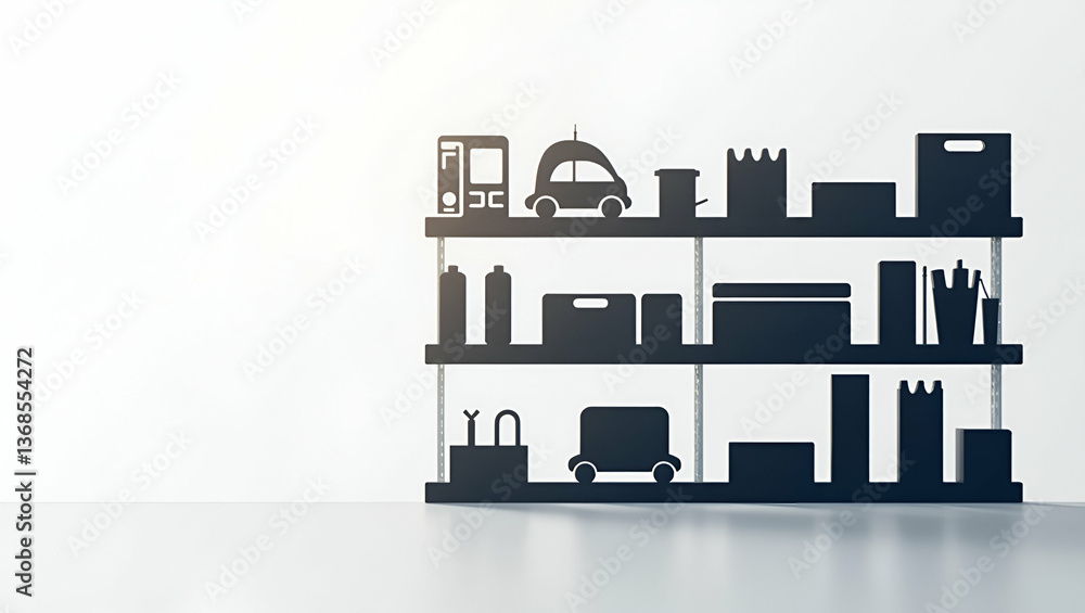 Poster 3d flat icon: silhouette of stock shelf and turnover report for stock rotation - double exposure con