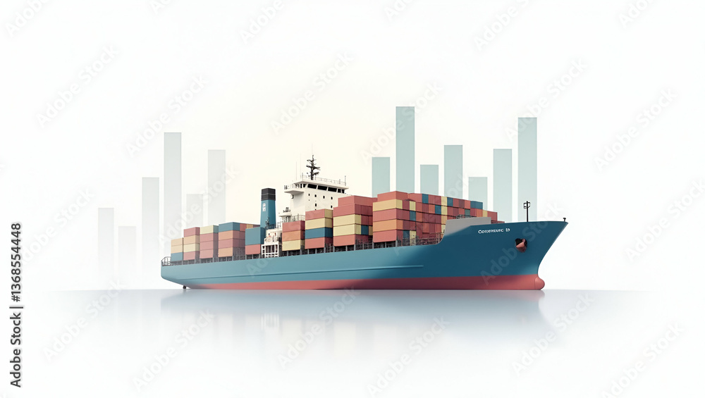 Poster 3d flat icon as cargo ship and a cost breakdown graph symbolizing shipping cost management in double