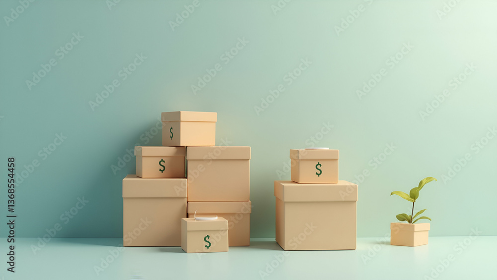 Poster 3d flat icon of shipping crates and cost management table for logistics cost control