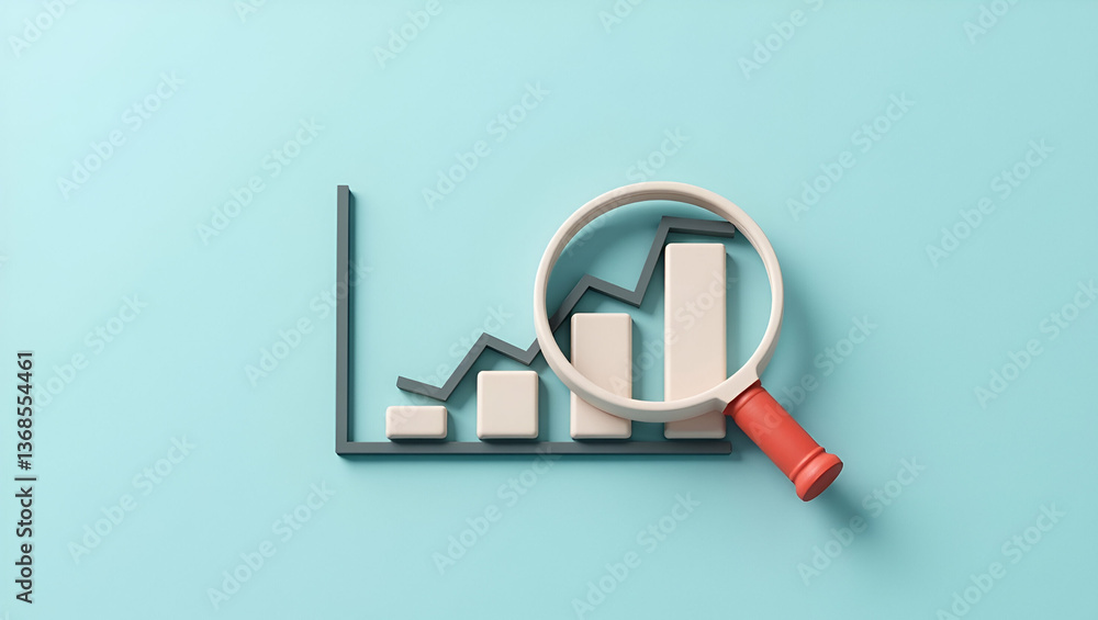 Poster 3d flat icon as persona with a bar graph and a magnifying glass symbolizing financial scrutiny in do